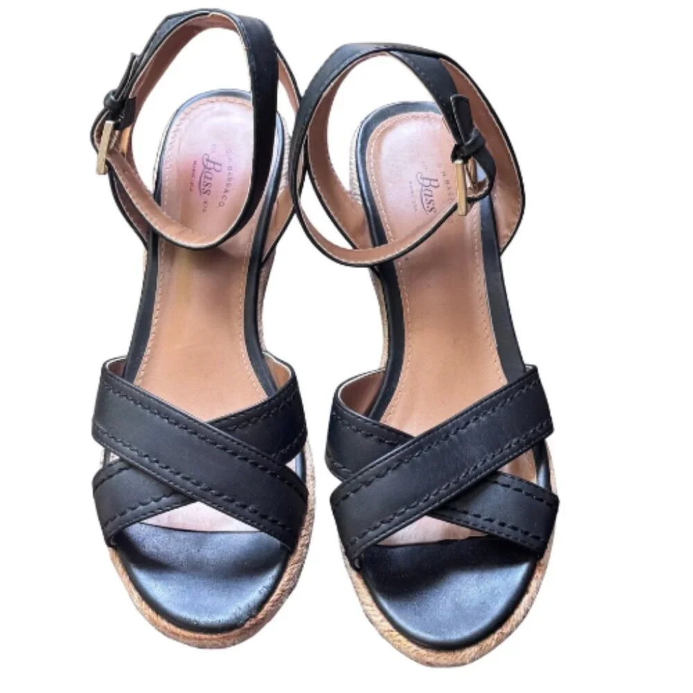 G.H. Bass & Co Black Espadrille Wedge Sandals Ankle Strap Buckle Size 8.5